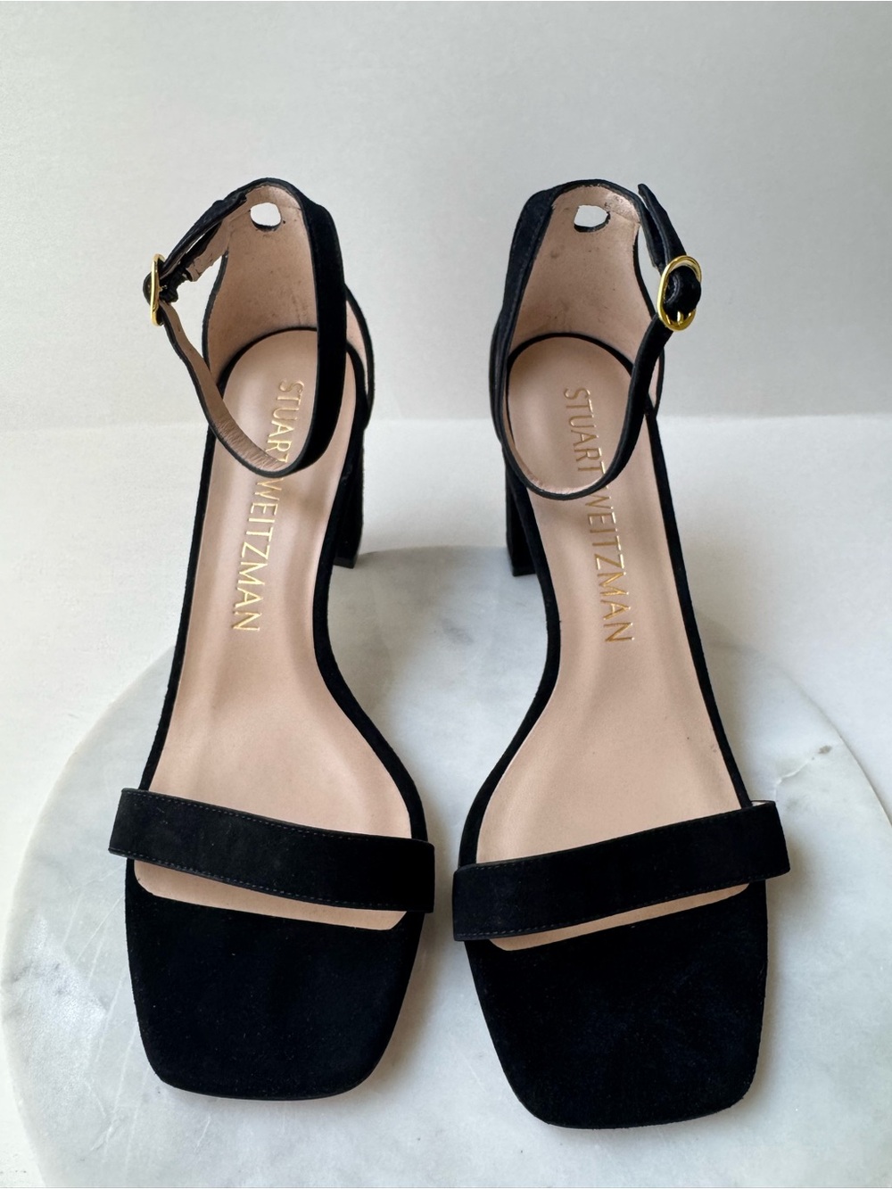 Stuart Weitzman Nudistcurve Black Suede Block Heel Ankle Strap Sandals Size 8